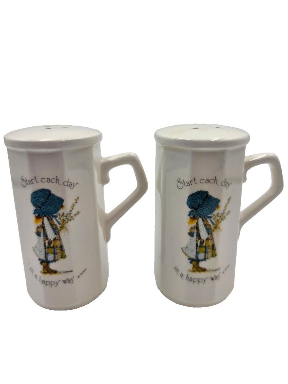 Vintage Holly Hobbie Salt & Pepper Shakers Start Each Day In A Happy Way Read